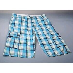 Carbon Cargo Shorts Size 32 With 16" Inseam 100% Cotton Plaid *RETRO*